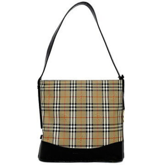 Burberry Shoulder Bag Beige Black Glen Check Canvas Patent Tote - Picture 1 of 9